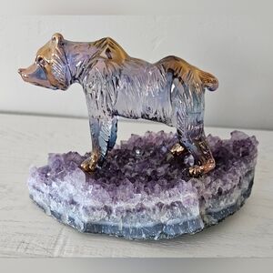 Amethyst Geode Quartz Cluster Crystal w/ Glass Grizzly Bear Statue ~2lb Vintage